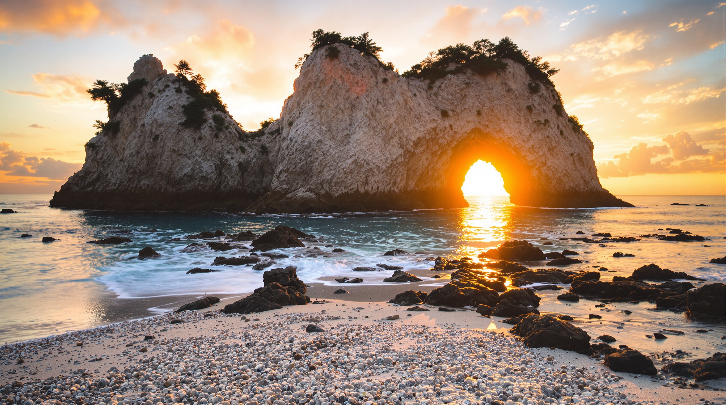 Engetsu Island sea arch at sunset off Shirahama beach